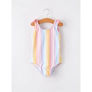 Rylee Faith Designs Girls 4 Swimsuit One Piece Rainbow Stripe Bow Shoulder NWT
